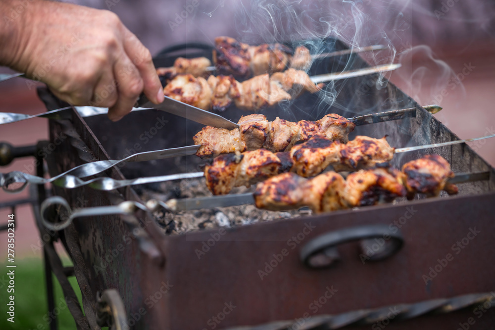 Cooking shashlik on the mangal in nature. Selective focus.