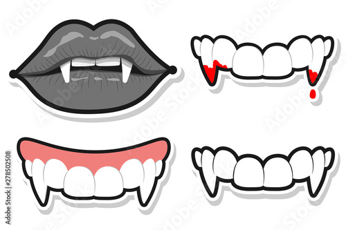 Vampire teeth and lips for Halloween. Vector cartoon set isolated on a white background.