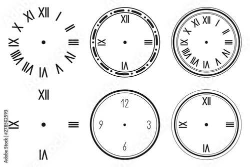 Clock face vector silhouette set isolated on a white background.