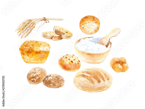 Watercolor illustration of wheat ears, various buns, bread and sour cream in a bowl . Isolated on white background
