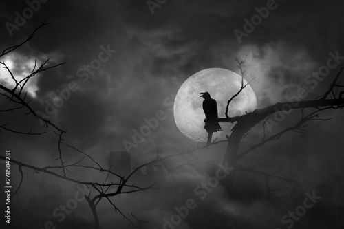 Canvas Print Silhouette of crow perched on tree branches in city abandonment and moon at midn