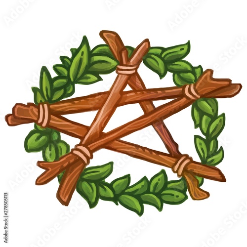 Pentagram wreath with ivy and wooden stickes. Isolated vector hand drawn illustration