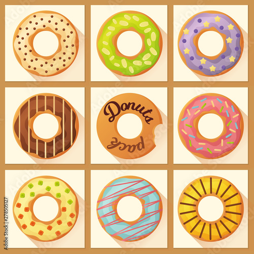 Sweet colorful baked glazed donuts or doughnuts set with sprinkles