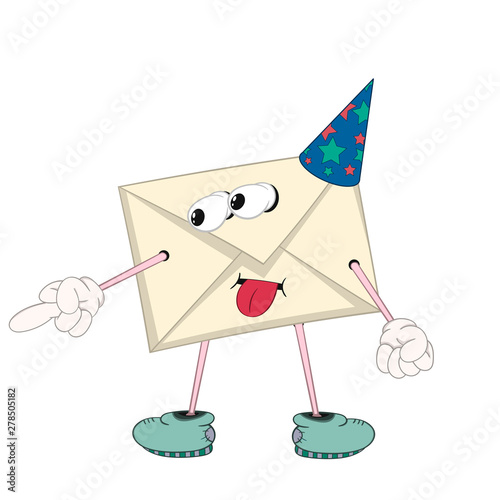 A funny cartoon yellow letter in a festive cap with eyes, arms, legs and mouth is teased and shows an indecent gesture with a finger.
