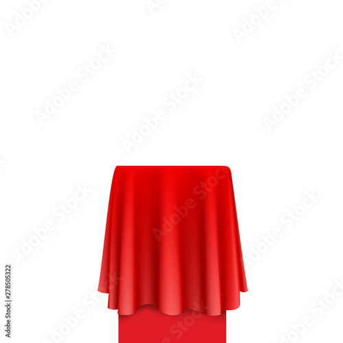 Red round tablecloth draped over a table. Vector illustration on white background. Ready for your design, promo, presentation. EPS10.	
