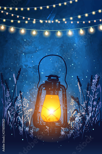 Amazing vintage lanten and decorative holiday lights. Inspiration card for wedding, date, birthday, tea or garden party