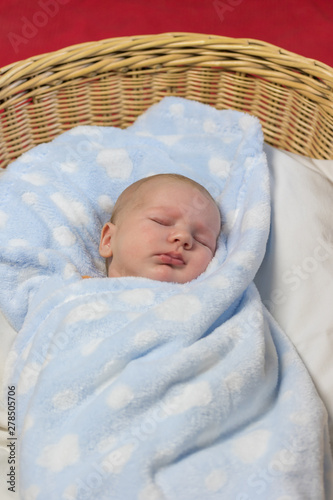 Portrait of beautiful newborn boy sleeping in knit basket. Vertically. 