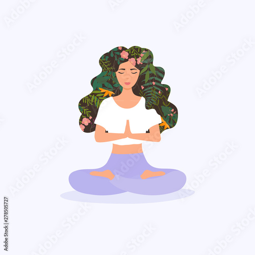 Girl with flower hair in gyan mudra yoga namaste pose exercise. Meditation health benefits for body, mind and emotions.