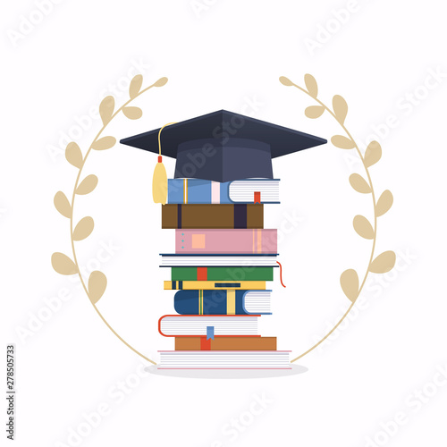 Pile of school books with graduation cap. Education. Flat design modern vector illustration concept.