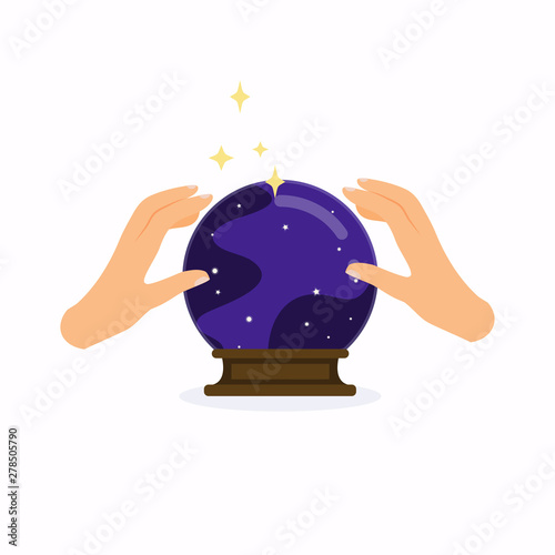 Magic crystal ball with hands. Flat design modern vector illustration concept.
