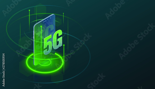 5G Wireless Connection Phone Isometric Concept. 5th Generation Wi-Fi Neon Illustration on Dark Background for Banner, Brochure, Flyer, Infographics, Landing Page, Hero Image etc.