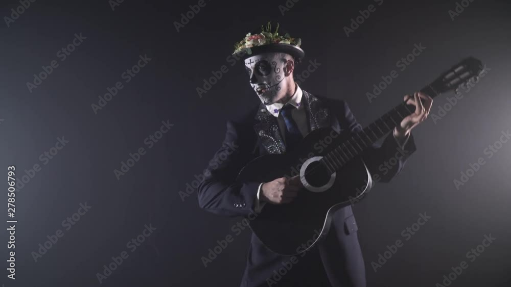 Santa Muerte carnival, a man with the face paint and a hat with flowers, 4k Santa Muerte carnival, a man with the face paint and a hat with flowers, 4k