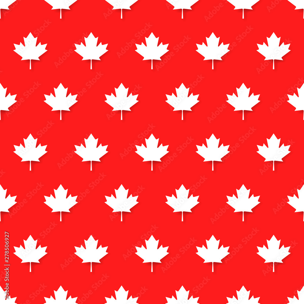 Canadian patriotic seamless pattern with national official colors. White maple leaves repeat in row on red background. Canada republic simple wallpaper design vector illustration. Canadian patriotic seamless pattern with national official colors. White maple leaves repeat in row on red background. Canada republic simple wallpaper design vector illustration.