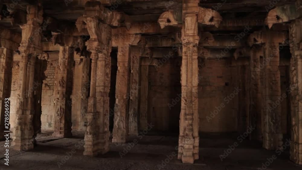 Pan View of Beautifully Sculpted Rock Piller inside the Malyavanta Raghunatha Temple, Hampi, Karnataka Pan View of Beautifully Sculpted Rock Piller inside the Malyavanta Raghunatha Temple, Hampi, Karnataka