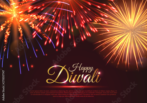 Happy Diwali greeting card with realistic dazzling display of fireworks. Popular festival of hinduism vector illustration. Traditional and spiritual indian holiday congratulation.
