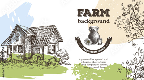 Agricultural background. Vintage illustration. Sketch graphics. Horizontal banner. Horizontal banner