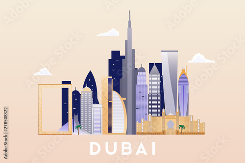 Dubai. Skyline and vector landscape of buildings and famous landmarks. 