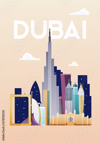 Dubai. Skyline and vector landscape of buildings and famous landmarks. 