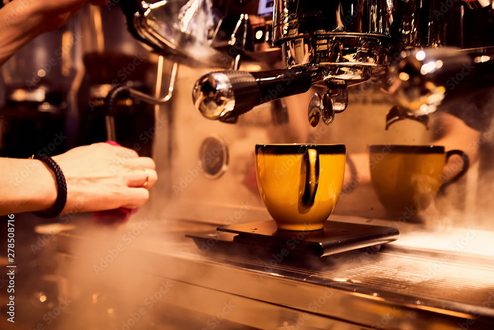 Naklejka premium Large contrast shot of coffee. Concept of cooking and love coffee beans and drinks. Soft colors warm tones