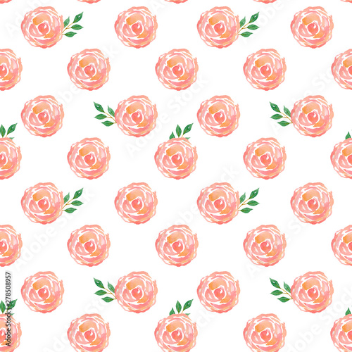 Watercolor seamless pattern with roses and leaves.