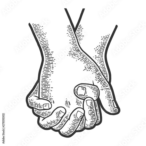 Couple in love hold hands in lock with twisted fingers sketch engraving vector illustration. Scratch board style imitation. Hand drawn image.