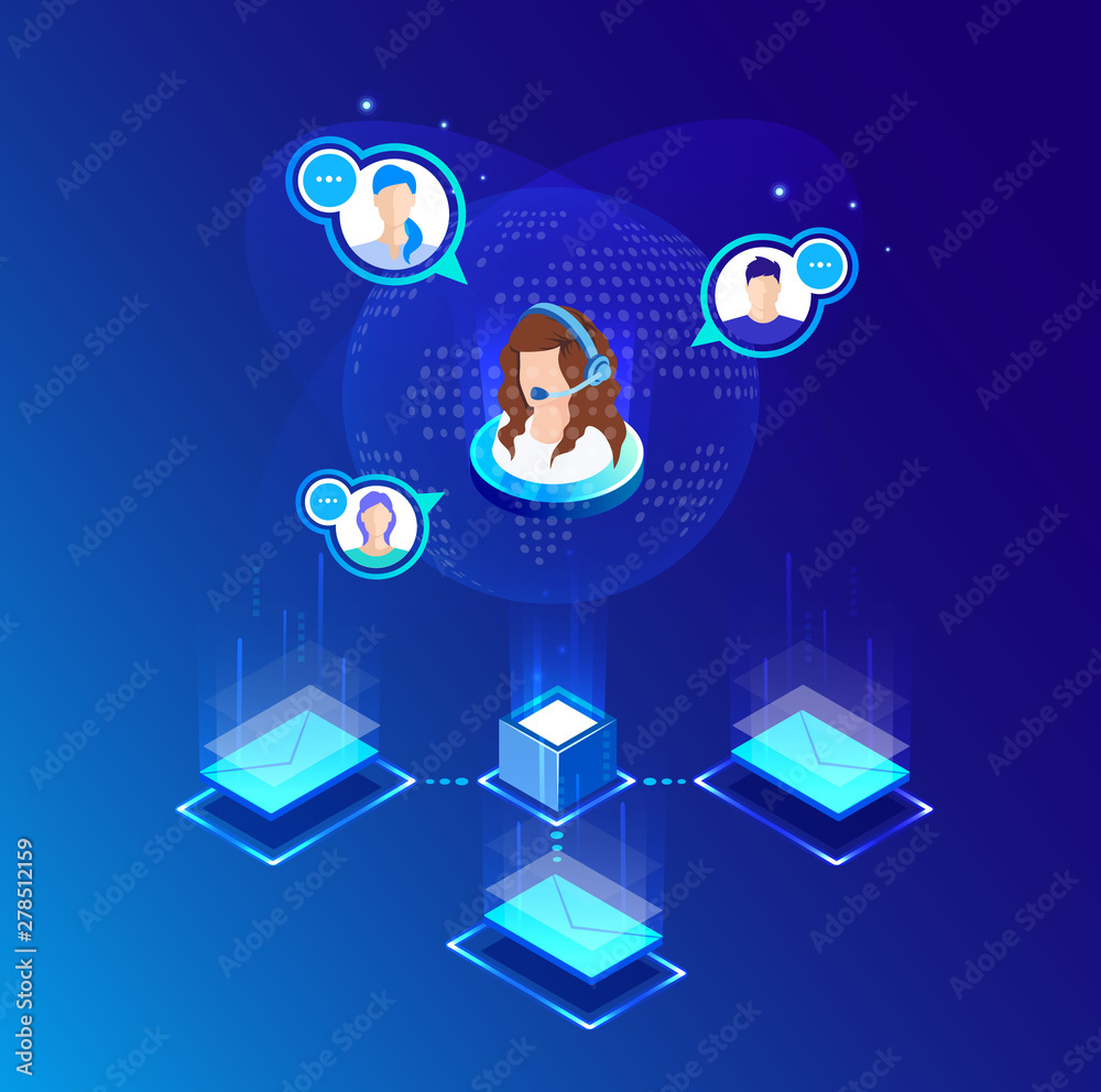 Global online email marketing. Vector isometric background design. Template for banner, landing page. Icon, symbol for web and app. Customer, user service strategy. Digital technology illustration.