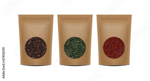 Craft paper bag package template on white background. Vector realistic pack mockup collection. Black, red, green tea packaging