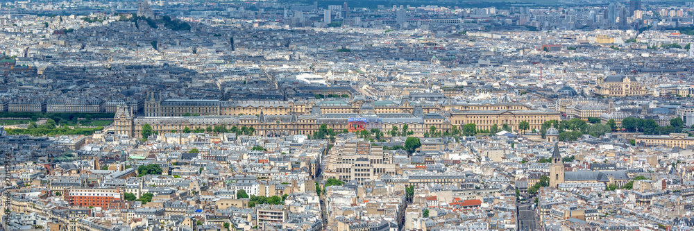 Aerial panoramic scenic view of Paris with the Louvre museum, France and Europe city travel panorama