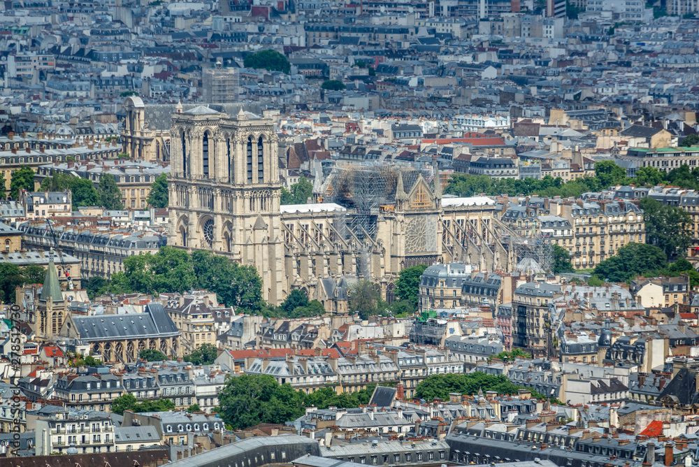 Aerial view of Notre Dame cathedral renovation of the fire in Paris France