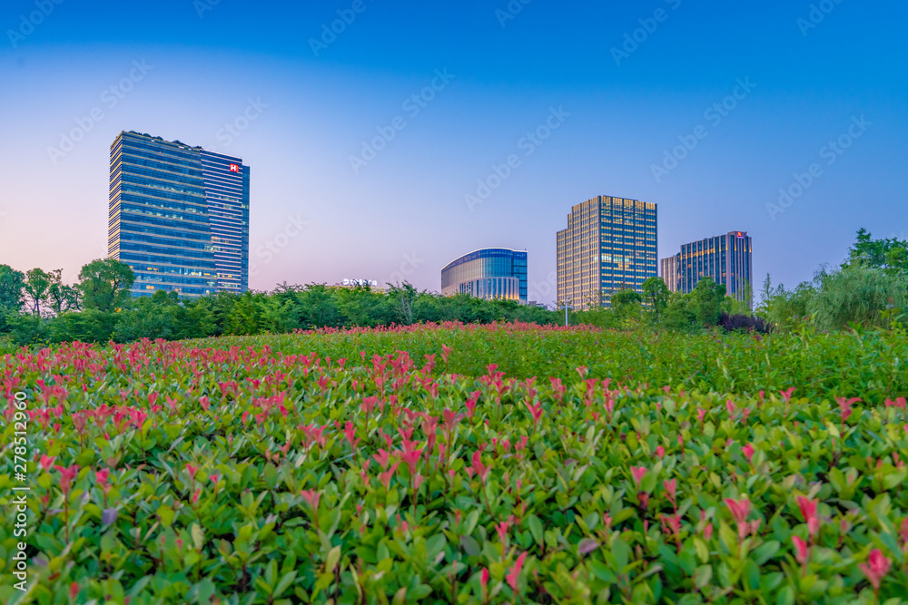 Dusk view of bush gardens and business buildings, Daning Tulip Park, Shanghai, China Dusk view of bush gardens and business buildings, Daning Tulip Park, Shanghai, China