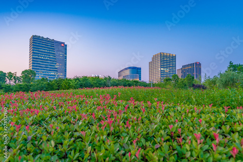 Dusk view of bush gardens and business buildings, Daning Tulip Park, Shanghai, China © Weiming