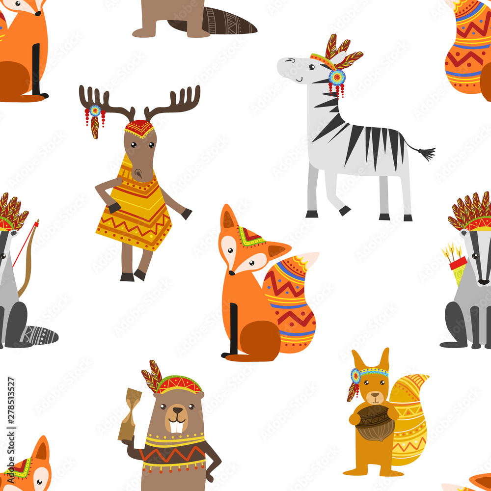 Fototapeta premium Cute Wild Ethnic Animals Seamless Pattern, Design Element Can Be Used for Fabric, Wallpaper, Packaging Vector Illustration