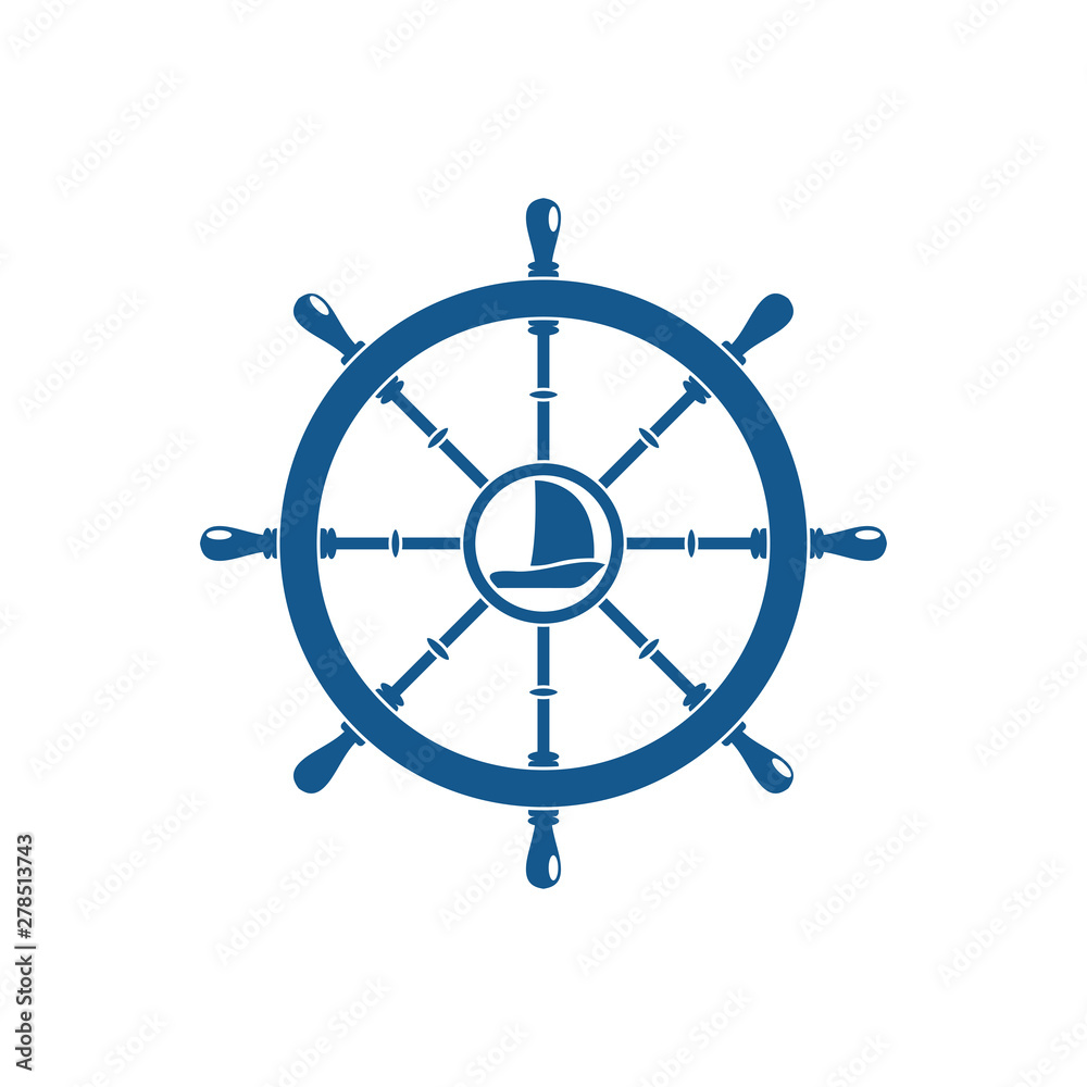 Vector isolated flat blue icon of steering wheel with ship in the ...