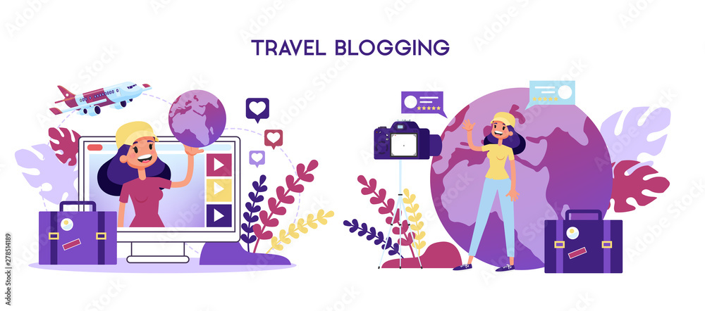 Travel blogger concept. Woman shooting video for blog