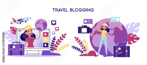 Travel blogger concept. Woman shooting video for blog