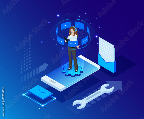 Global online email marketing. Vector isometric background design. Template for banner, landing page. Icon, symbol for web and app. Customer, user service strategy. Digital technology illustration.