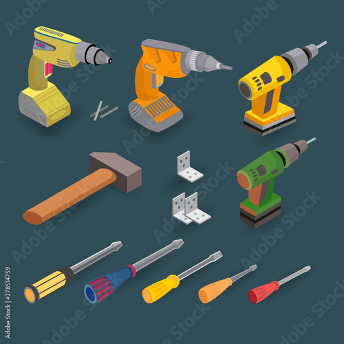 Isometric construction tools. Drill, screwdriver and hammer. Vector set.