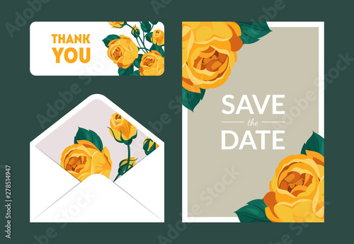 Save the Date, Holiday, Wedding Invitation Templates Set, Thank You, Rsvp, Floral Cards and Envelope with Elegant Yellow Rose Flowers, Frame with Space for Text Vector Illustration photo