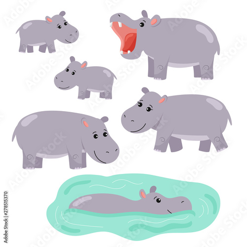 Set of cartoon vector hippo. African animals. Family hippopotamus, hippopotamus swims in the water. Isolated on white background. © Kristina