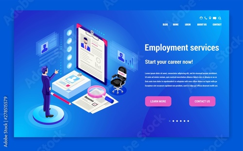 Isometric hiring, recruitment agency. Web site page concept. Landing. Template, banner, advertising, presentation. Open job vacancy. Online job interview.