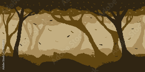 Autumn spooky night forest - horizontal seamless pixelated backdrop for 8-bit games. Can be used as pixel background for creating Halloween levels, wallpapers etc.