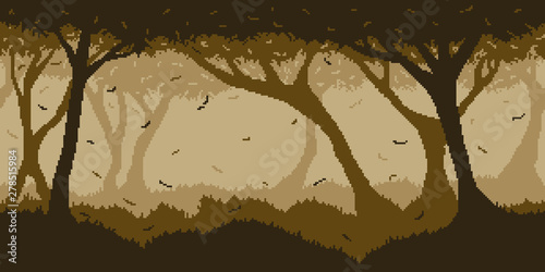 Autumn spooky night forest - horizontal seamless pixelated backdrop for 8-bit games. Can be used as pixel background for creating Halloween levels, wallpapers etc.