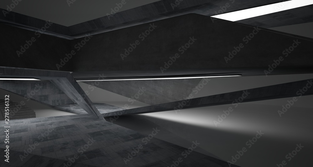 Abstract architectural concrete interior of a minimalist house with neon lighting. 3D illustration and rendering.