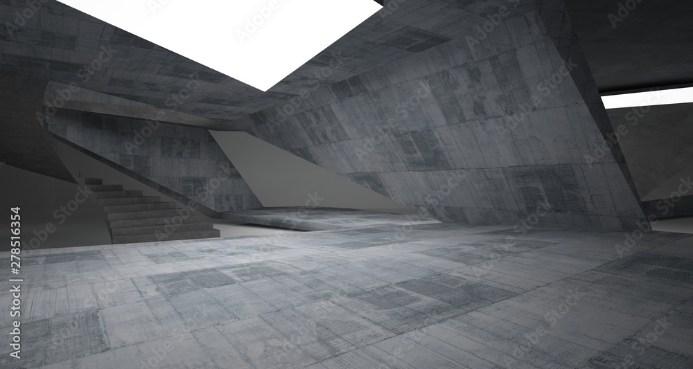Abstract architectural concrete interior of a minimalist house with neon lighting. 3D illustration and rendering.
