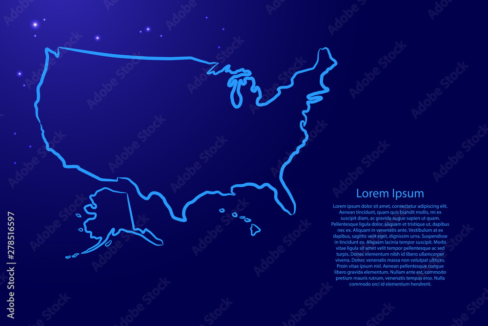Obraz premium United States of America map from the contour blue brush lines different thickness and glowing stars on dark background. Vector illustration.