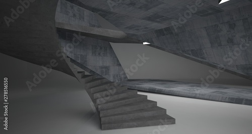 Abstract architectural concrete interior of a minimalist house with neon lighting. 3D illustration and rendering.