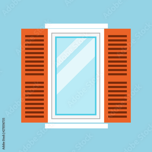 Traditional white window isolated on blue background. Closed realistic vector illustration window element of architecture and interior design. EPS