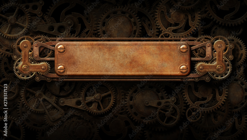 Steampunk copper banner with clockwork mechanism background
