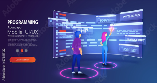People programmers coding and correct errors in project. Dashboard screen with program code. Programmer at work concept banner. Can use for web banner Trendy flat style. Isometric UI/UX vector 