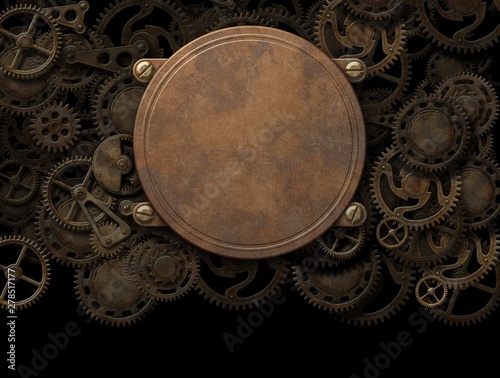 Steampunk copper banner with clockwork mechanism background